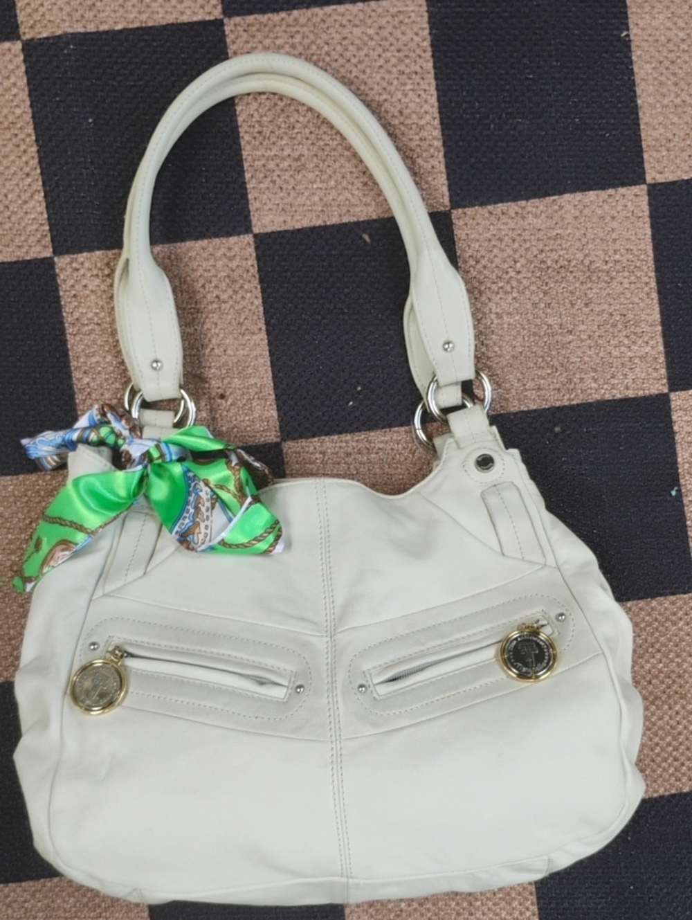Tignanello  Triple Compartment Cream Leather Shoulder Bag with Decorative Scarf